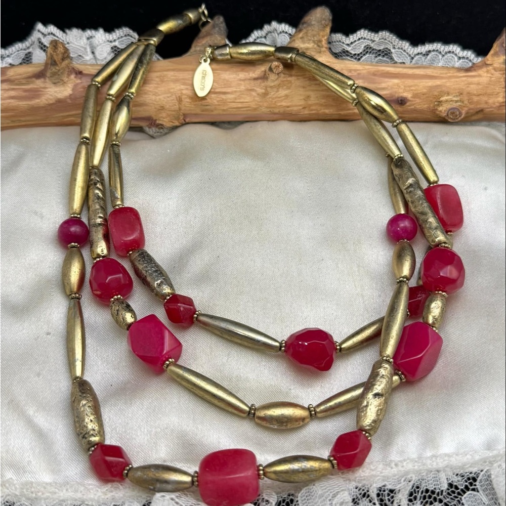 CHICO"S MULTI STRAND PINK AGATE BRUSHED GOLD TONE STATEMENT NECKLACE